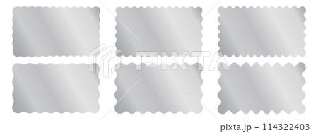 Set of silver rectangle stickers with wavy borders. Shining labels, badges, price tags, coupons or stamps curved rectangular shapes isolated on white background. Vector realistic illustration 114322403