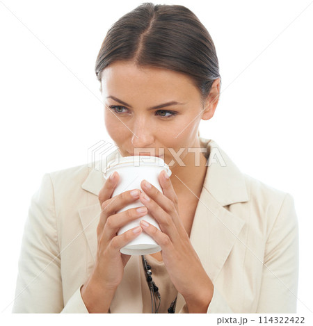 Businesswoman, drink and coffee takeaway in studio for corporate routine, professional or white background. Female person, sip and morning caffeine cup or mockup for company, confidence or career 114322422
