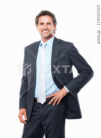Portrait, happy business man and corporate accountant in studio with pride, professional experience or executive manager. Mature entrepreneur, financial salesman or broker in suit on white background 114322423