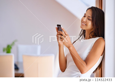 Woman, cellphone and texting conversation in home for relax communication for networking, internet or online. Female person, smartphone and chatting in Mexico apartment for weekend, holiday or scroll Woman, cellphone and texting conversation in home for relax communication for networking, internet or online. Female person, smartphone and chatting in Mexico apartment for weekend, holiday or scroll 114322433