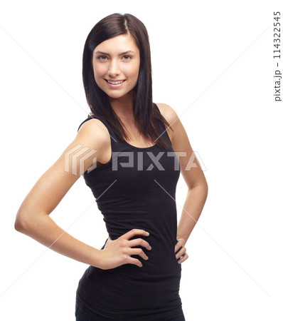 Happy woman, portrait and confidence in fashion, style or clothing isolated against a white studio background. Face of attractive young female person or model smile and posing with hands on hips 114322545