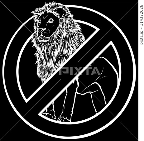 white silhouette of Stop lion. Prohibited wild animal on black background. white silhouette of Stop lion. Prohibited wild animal on black background. 114322626