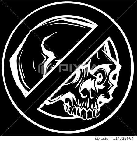 white silhouette of Stop or ban red round sign with skull on black background white silhouette of Stop or ban red round sign with skull on black background 114322664