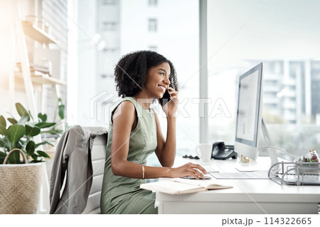 Happy, black woman and business discussion with phone call for proposal or communication at office. Young African, female person or financial advisor with smile on mobile smartphone for conversation Happy, black woman and business discussion with phone call for proposal or communication at office. Young African, female person or financial advisor with smile on mobile smartphone for conversation 114322665