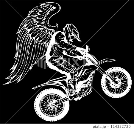 white silhouette of Motocross with wings on black background vector illustration 114322720