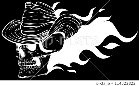 white silhouette of Skull cowboy on black background white silhouette of Skull cowboy on black background 114322822