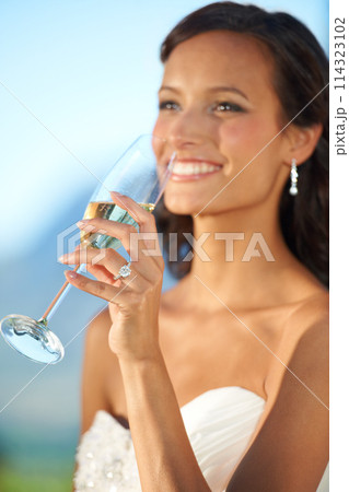 Woman, bride and smile or drinking champagne, event and celebration for marriage. Happy female person, party and relaxing at outdoor ceremony, confident and excited in nature, fashion and wedding Woman, bride and smile or drinking champagne, event and celebration for marriage. Happy female person, party and relaxing at outdoor ceremony, confident and excited in nature, fashion and wedding 114323102