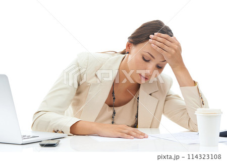 Businesswoman, paperwork and stress at desk for work as sales consultant for deadline fail, burnout or frustrated. Female person, document and anxiety headache or employee, studio or white background Businesswoman, paperwork and stress at desk for work as sales consultant for deadline fail, burnout or frustrated. Female person, document and anxiety headache or employee, studio or white background 114323108