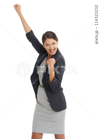 Business, woman and fist in studio for success, winning and achievement with power, yes and celebration. Portrait of an excited worker or winner with goals for human resources on a white background Business, woman and fist in studio for success, winning and achievement with power, yes and celebration. Portrait of an excited worker or winner with goals for human resources on a white background 114323232
