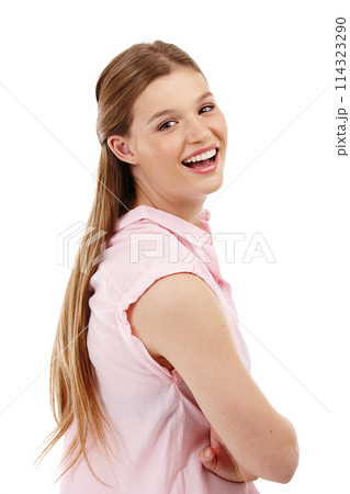 Woman, arms crossed and smiling in studio portrait for confidence, style and fashion in smart casual shirt. Person, happy and relaxed on white background for work clothes or professional outfit Woman, arms crossed and smiling in studio portrait for confidence, style and fashion in smart casual shirt. Person, happy and relaxed on white background for work clothes or professional outfit 114323290