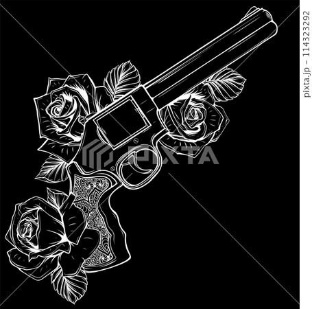 white silhouette of Gun and rose on black background illustration 114323292