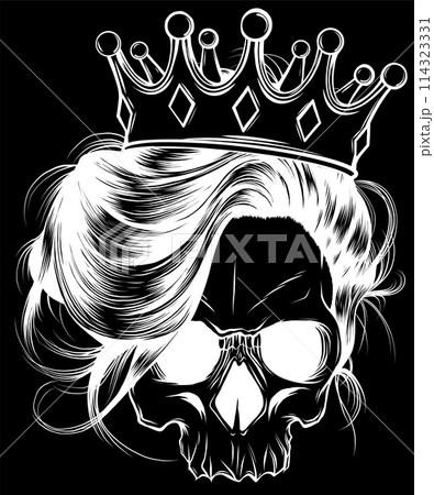 white silhouette of Skull girl with a crown on black background. vector illustration design white silhouette of Skull girl with a crown on black background. vector illustration design 114323331