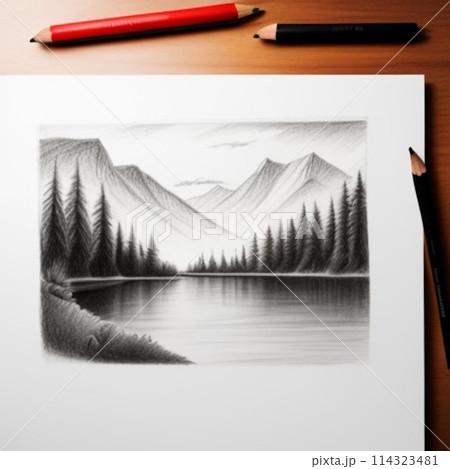 スケッチブックに鉛筆でデッサンした山と湖の絵のイラスト素材