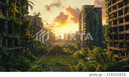 Post apocalyptic view of destroyed abandoned city at sunset, buildings overgrown with plants many years after end of world. Theme of apocalypse, war, destruction, future 114323818
