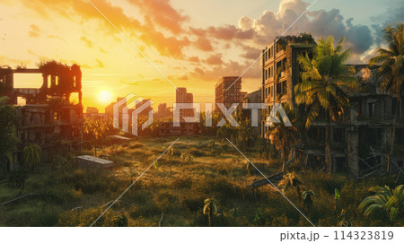 Post apocalyptic view of destroyed abandoned city at sunset, buildings overgrown with plants many years after end of world. Theme of apocalypse, destruction, future, dystopia 114323819