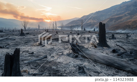Post-Wildfire Landscape at Sunset Post-Wildfire Landscape at Sunset 114323988