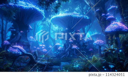 An electric blue underwater reef filled with marine biology in the darkness An electric blue underwater reef filled with marine biology in the darkness 114324051