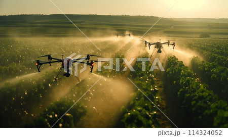 Drones spraying plants in the grassland under the open sky Drones spraying plants in the grassland under the open sky 114324052