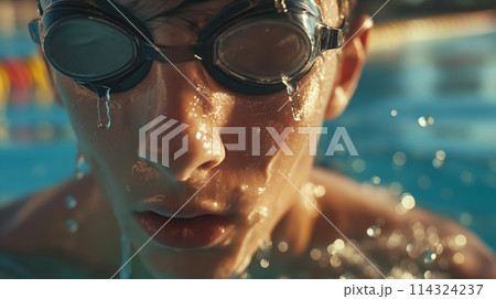 A young boy wearing goggles is enjoying a swim in the pool A young boy wearing goggles is enjoying a swim in the pool 114324237