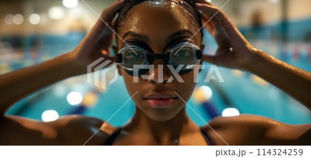 A woman in goggles enjoys leisure time at the swimming pool 114324259