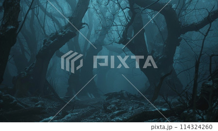 Mysterious forest with foggy trees at night, a haunting natural landscape 114324260