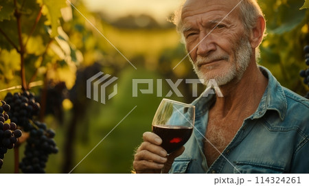 Elderly man holding red wine glass in vineyard, enjoying happy moment 114324261