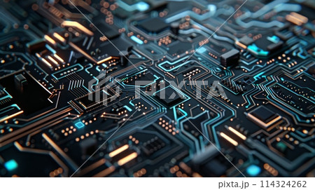 Close up of circuit components on computer motherboard with blue lights 114324262