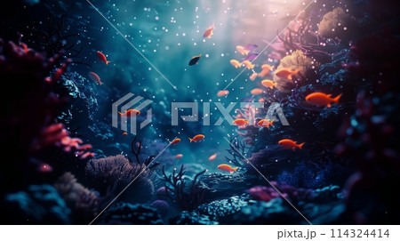 Electric blue fish swim near a coral reef in the dark ocean landscape Electric blue fish swim near a coral reef in the dark ocean landscape 114324414