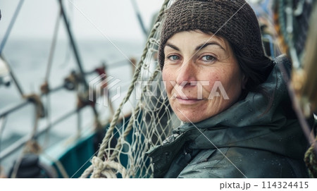Woman with a fishing net on a boat, freezing but smiling with eyelashes batting 114324415