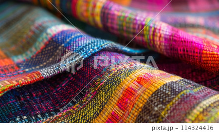 Close up of a vibrant purple woolen blanket with a creative plaid pattern 114324416
