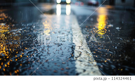 Car glides over wet asphalt, reflecting city lights on the road 114324461