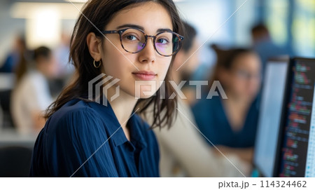 A woman with black hair and wearing glasses is working on a computer monitor 114324462