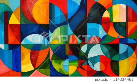 Natureinspired art with colorful circles and squares on black canvas 114324463