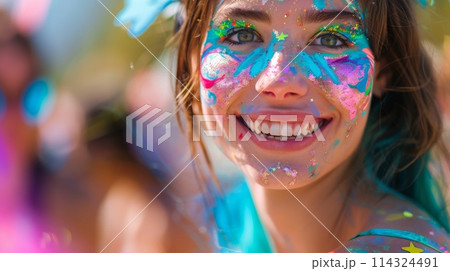 A woman, with electric blue paint on her face, is smiling happily at the camera 114324491