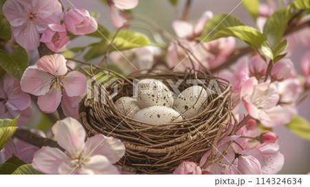 A bird nest, filled with eggs, is nestled among pink flowers 114324634