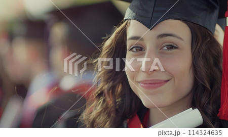 Woman smiling in graduation cap gown, holding diploma 114324635