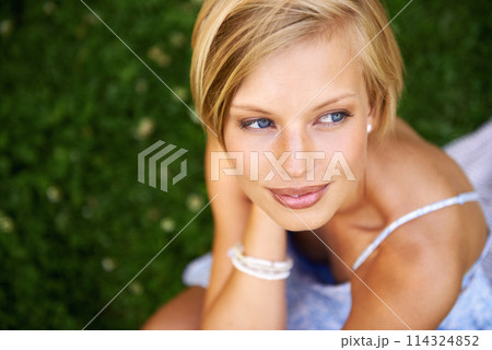 Thinking, outdoor and woman with nature, relax and happiness with ideas, daydreaming and summer. Park, person and girl with wonder, fresh air and calm with peace, grass and environment with decision 114324852