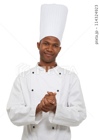 Portrait, black man and confident chef in studio isolated on a white background. Face, cooking professional and young African person, baker and restaurant worker in hat with catering job in Nigeria 114324923