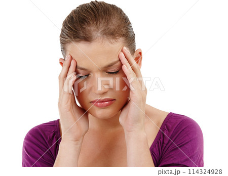 Stress, headache and woman in studio with anxiety, nervous or overwhelmed by vertigo on white background. Brain fog, crisis or model frustrated by temple pain, regret or mistake, trauma or disaster 114324928