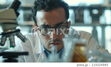 a man in a lab coat is looking through a microscope in a laboratory 114324945