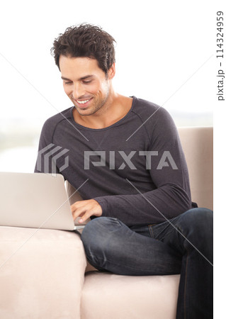 Happy man, work from home and laptop for marketing, copywriting and planning or research on website and sofa. Startup freelancer or blog writer relax on couch with computer, internet or happy project Happy man, work from home and laptop for marketing, copywriting and planning or research on website and sofa. Startup freelancer or blog writer relax on couch with computer, internet or happy project 114324959