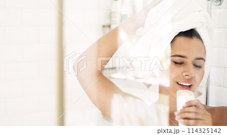 Woman, shower and relax in home, sing and product for skincare, cleaning and hygiene for girl in bathroom. House, silly and fun with karaoke with towel, aesthetic and grooming for body in morning Woman, shower and relax in home, sing and product for skincare, cleaning and hygiene for girl in bathroom. House, silly and fun with karaoke with towel, aesthetic and grooming for body in morning 114325142