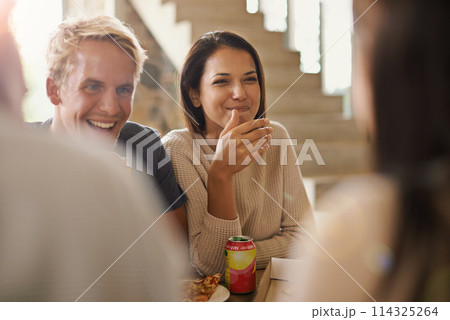 Pizza, smile and social gathering with couple of friends eating together in restaurant for bonding. Happy, funny or laughing with group of young men and women enjoying fast food or conversation 114325264