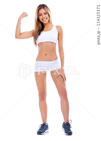 Portrait, woman or fitness as strength, health or energy to exercise, workout or sport in studio. Bodybuilder, flex or smile in success, training or performance in gym on mock up on white background Portrait, woman or fitness as strength, health or energy to exercise, workout or sport in studio. Bodybuilder, flex or smile in success, training or performance in gym on mock up on white background 114325371