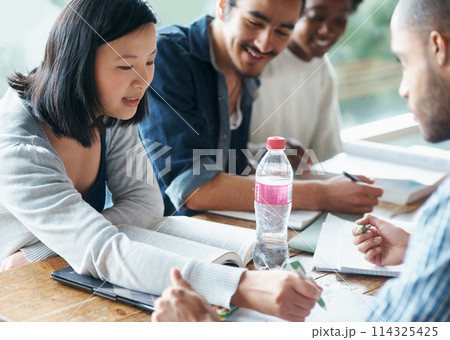 Students, university and education, studying together with books for research project and diversity on campus. Discussion, learning and knowledge for academic growth, with people and teamwork 114325425
