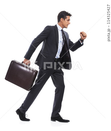Business man, studio and walk with briefcase, determination and ready for job by white background. Entrepreneur, employee and person with luggage, bag or case on commute, profile and travel to work 114325427