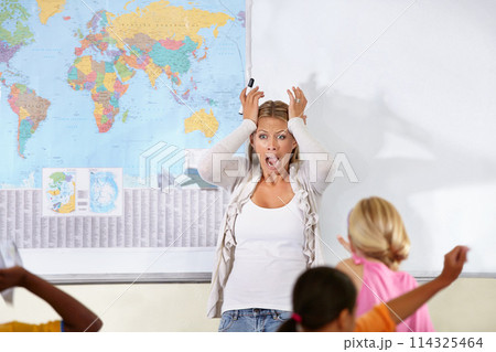 Screaming, stress and teacher with children, education and knowledge with depression, overwhelmed and shouting. Child development, group and educator with naughty kids, students and mental health 114325464