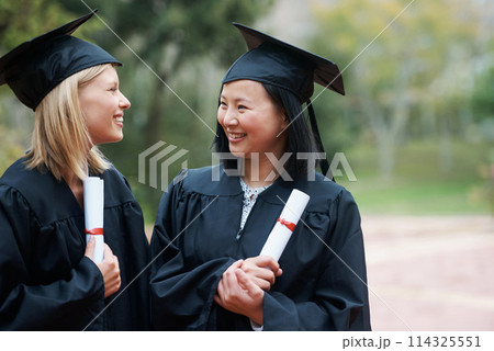 Graduation, campus or friends happy with education event, future goal or studying for opportunity. Women, smile or proud college graduate with success, certified achievement or university scholarship Graduation, campus or friends happy with education event, future goal or studying for opportunity. Women, smile or proud college graduate with success, certified achievement or university scholarship 114325551