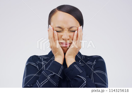 Woman, studio and stress with frustration, burnout and anger at mistake or fail. Model, distressed or upset with problem, tension and brain fog for fatigue and migraine or vertigo on white background Woman, studio and stress with frustration, burnout and anger at mistake or fail. Model, distressed or upset with problem, tension and brain fog for fatigue and migraine or vertigo on white background 114325618