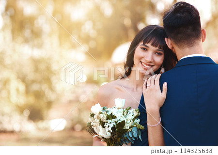 Sunset, wedding and portrait of couple with love, marriage or diamond ring on hand of bride in mockup. Loyalty, commitment and support of groom in embrace or hug outdoor at event for engagement 114325638